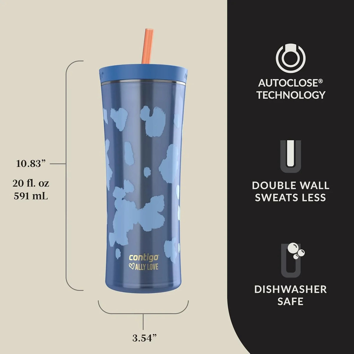 Contigo x Ally Love Shake & Go Tumbler, Autoclose Lid, Leak Proof, 20oz, Licorice