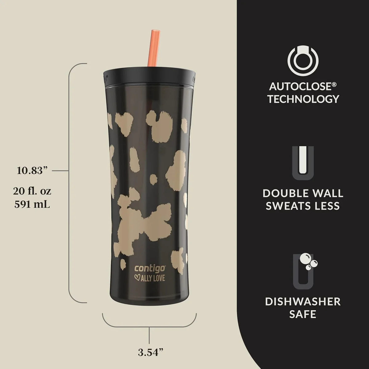 Contigo x Ally Love Shake & Go Tumbler, Autoclose Lid, Leak Proof, 20oz, Licorice