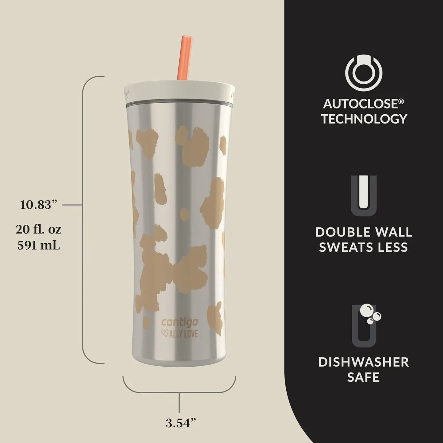 Contigo x Ally Love Shake & Go Tumbler, Autoclose Lid, Leak Proof, 20oz, Licorice