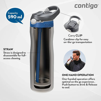Contigo Ashland Chill Autospout Water Bottle with Flip Straw, Stainless Steel Thermal Drinking Bottle,Leakproof,Grey, BLue, 590 ml