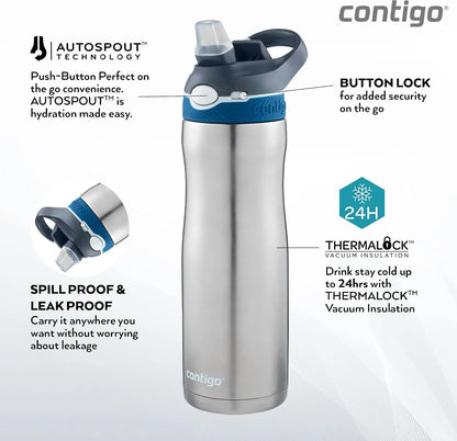 Contigo Ashland Chill Autospout Water Bottle with Flip Straw, Stainless Steel Thermal Drinking Bottle,Leakproof,Grey, BLue, 590 ml