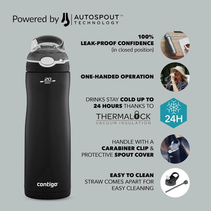 Contigo Ashland Chill Water Bottle with Straw, Keeps drinks cool for 24 h, insulated Stainless Steel Drinking Bottle, Leak-Proof Thermal Bottle, Sports Bottle for gym, Bike, Hiking, 590 ml