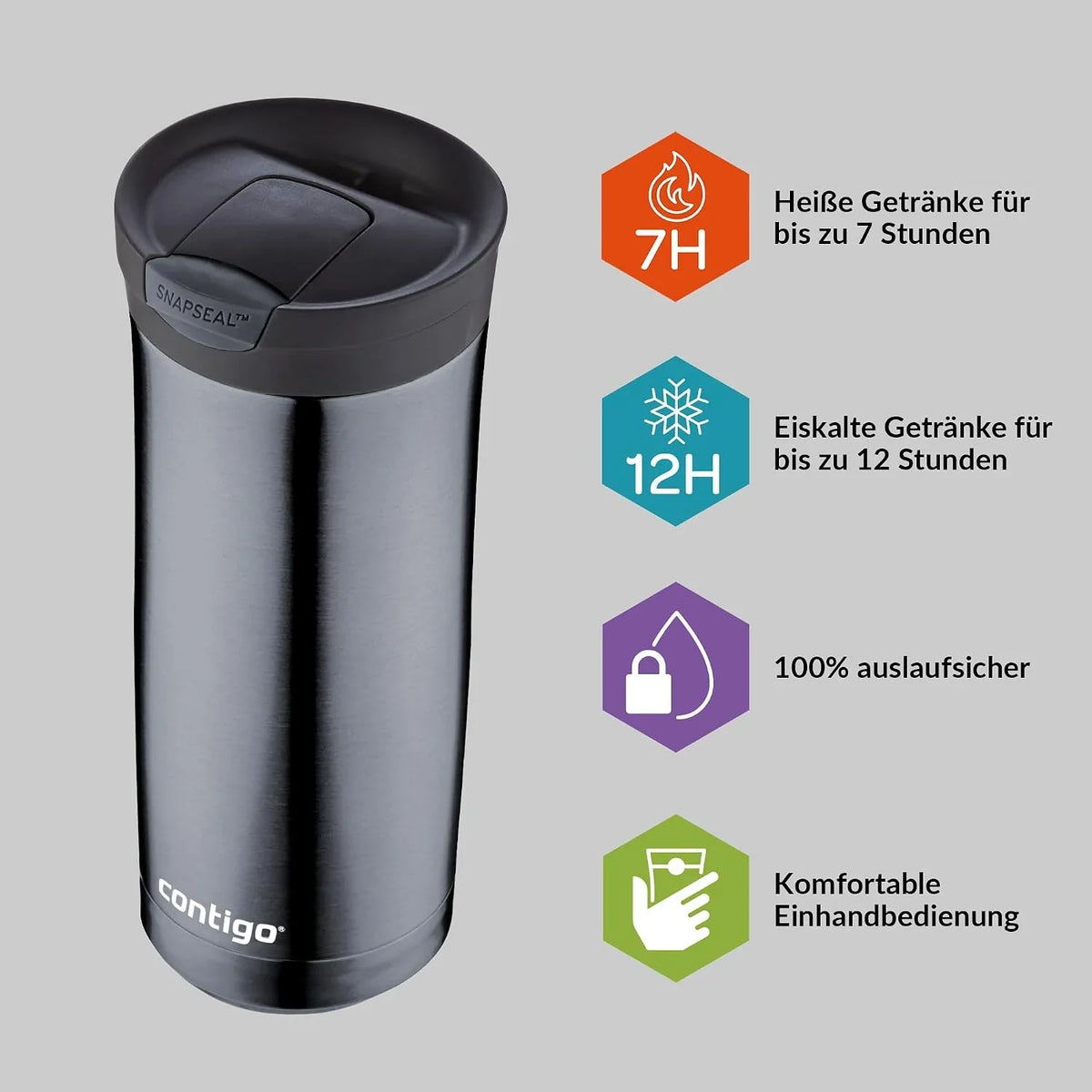 Contigo Huron Snapseal Travel Mug, Stainless Steel Thermal Mug, Vacuum Flask, Leakproof Tumbler, Coffee Mug with BPA Free Easy-Clean Lid, 470 ml