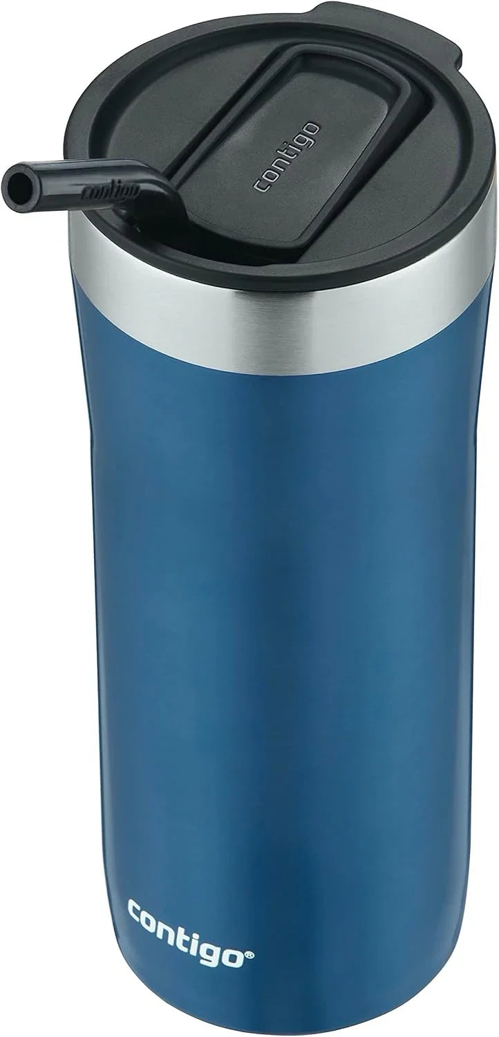 Contigo Streeterville Stainless Steel Vacuum-Insulated Tumbler with Straw and Splash-Proof Slider Lid, Keeps Drinks Hot up to 8hrs or Cold for 24hrs, Great for Travel/Work/School, 24oz Blue Corn