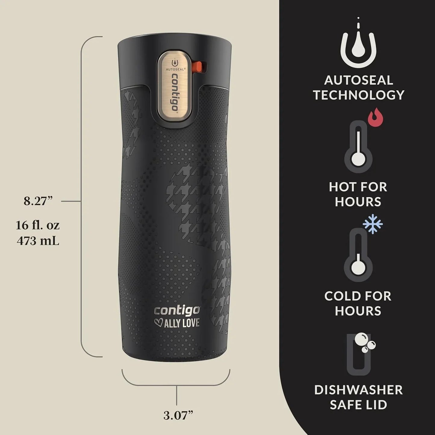 Contigo x Ally Love Stainless Steel Vacuum-Insulated Travel Mug with Autoseal and Easy Clean Lid, Spill-proof, Keeps Drinks cold 24 hrs & hot for 11 hrs, BPA Free, 16oz., West Loop 3.0, Licorice