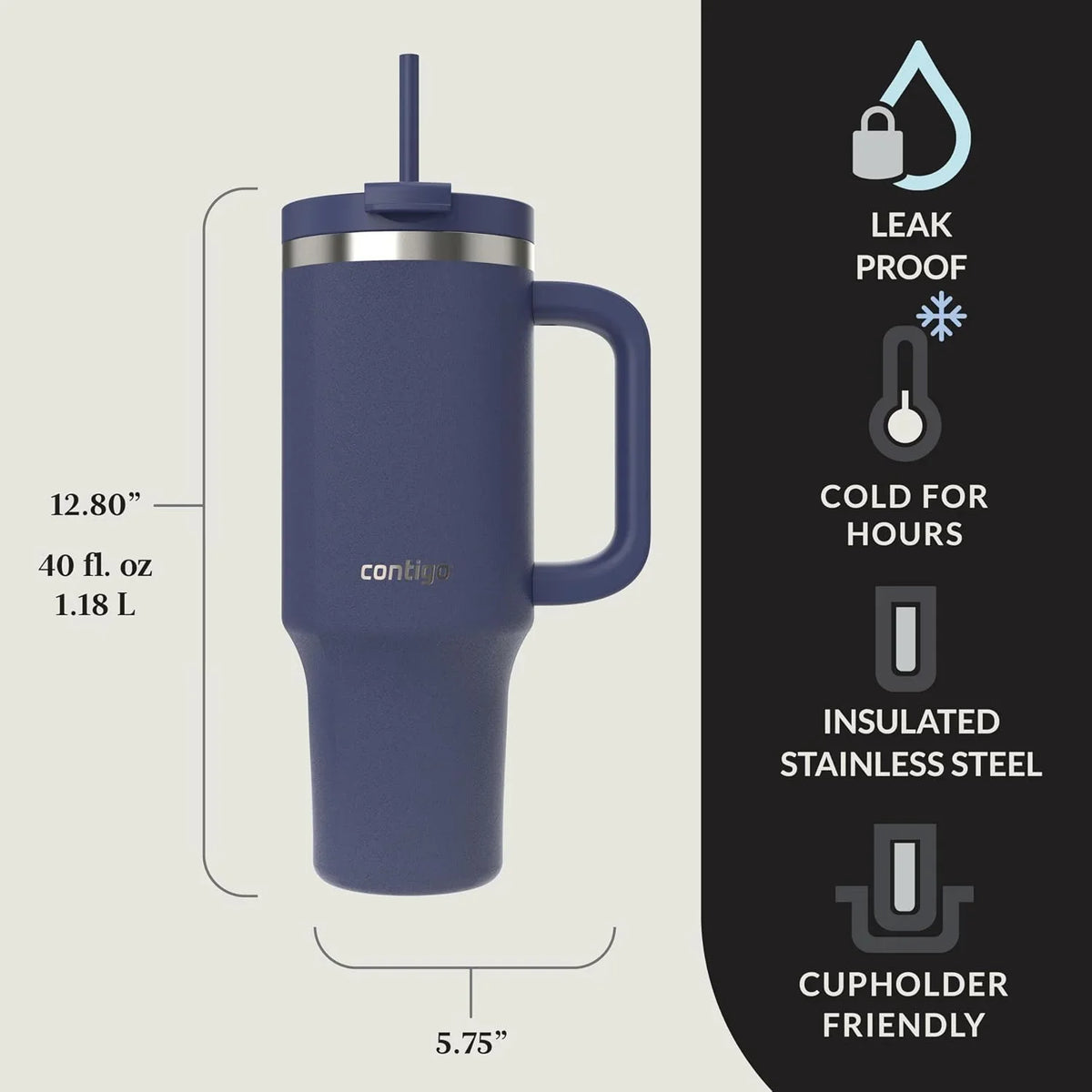 Contigo Streeterville 40oz Tumbler, Stainless Steel Vacuum Insulated, Leak-Proof, Cold for 29 Hours, Salt