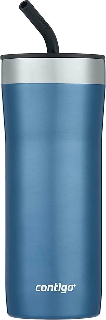 Contigo Streeterville Stainless Steel Vacuum-Insulated Tumbler with Straw and Splash-Proof Slider Lid, Keeps Drinks Hot up to 8hrs or Cold for 24hrs, Great for Travel/Work/School, 24oz Blue Corn